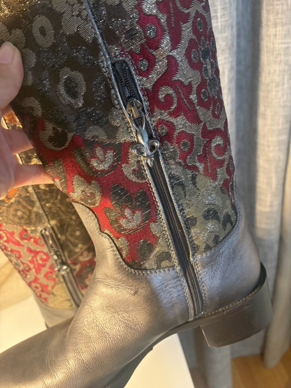 Donald J. Pliner Metallic Silver Leather and Multicolor Brocade Knee Boots - Picture 8 of 11